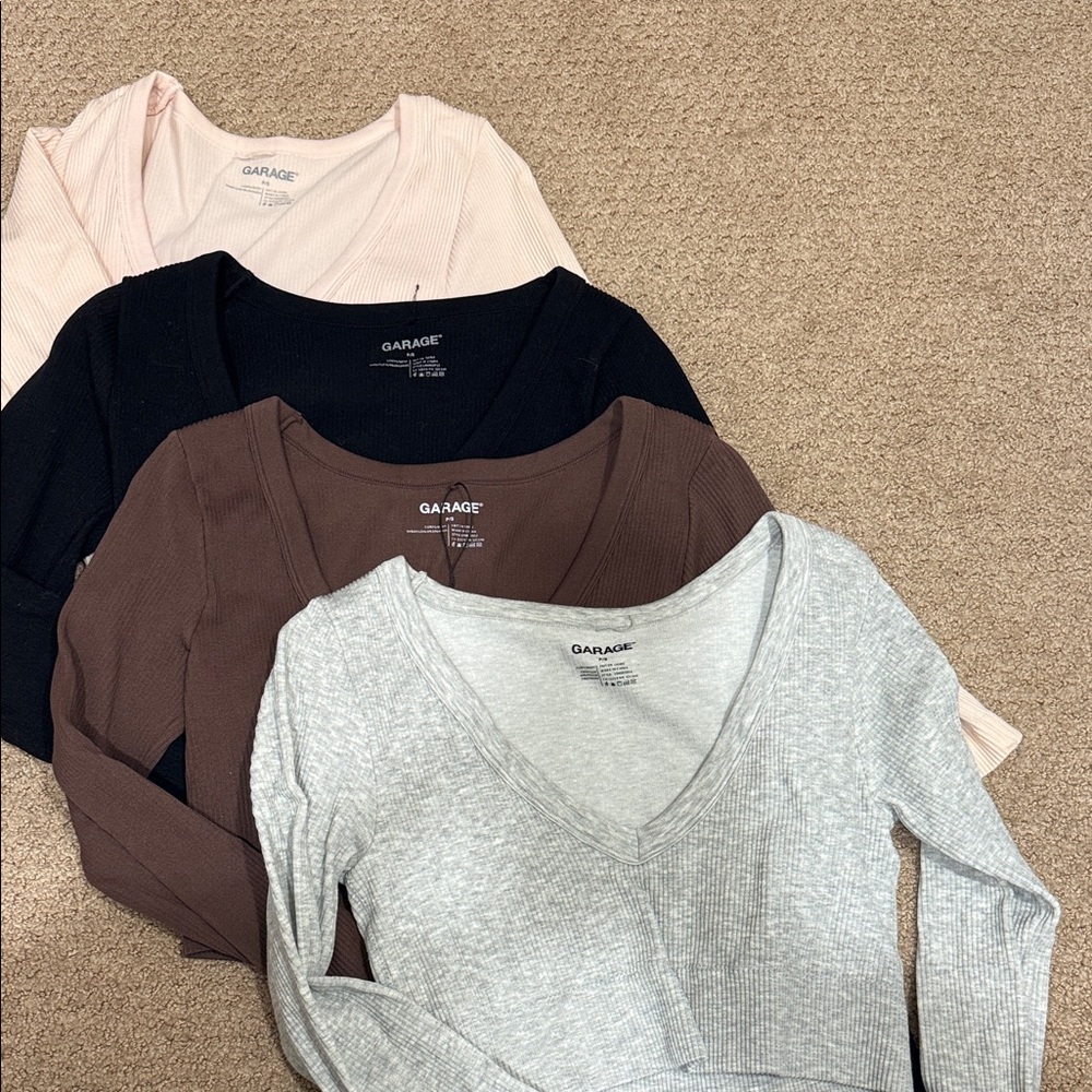 Garage V-Neck Long Sleeve Crop Tops - Black, Brown, Gray, Pink